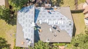 Overhead photo of a roof during renovation with Malarkey Products - Roofer in College Station Sustainable Roofing